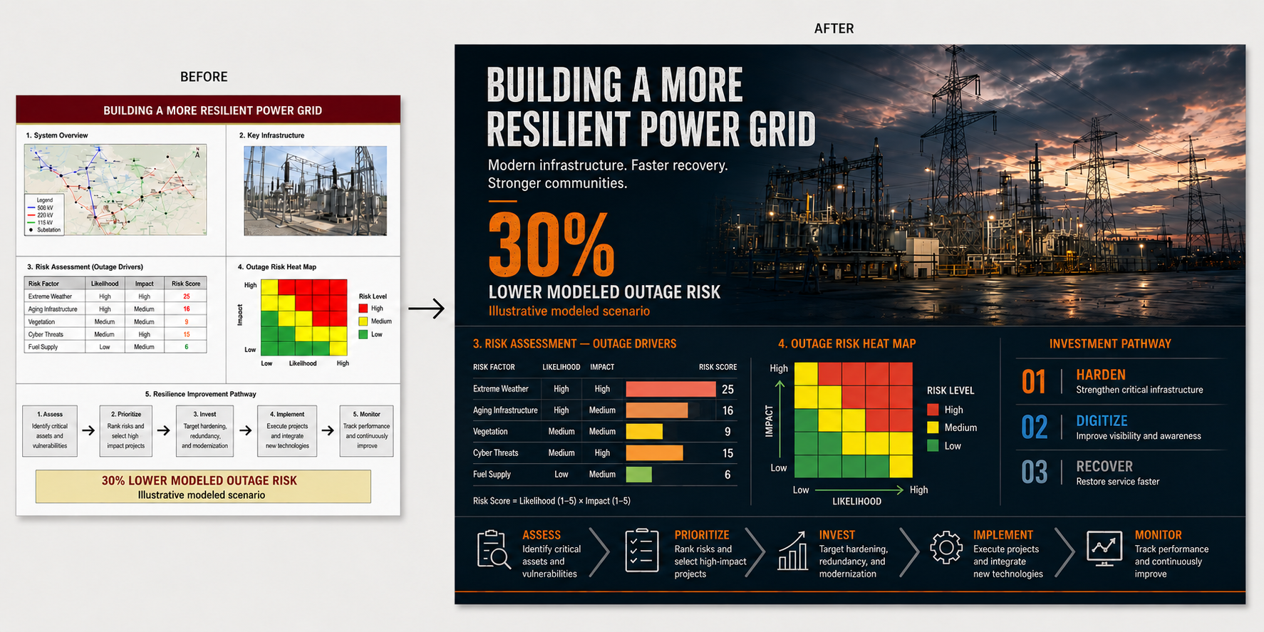 Sample transformation: a cluttered resilience slide about building a more resilient power grid redesigned into a dark, full-bleed substation photo with a bold 30% lower modeled outage risk stat, a risk-reduction bar chart, a risk heat map, an invest-to-monitor pathway, and a five-step assess-to-monitor process.